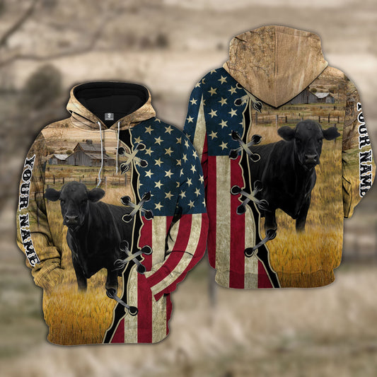 Uni Custom Name Black Angus Cattle American Flag 3D Shirt