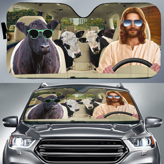 Uni Jesus Driving Belted Galloway Cattle All Over Printed 3D Sun Shade
