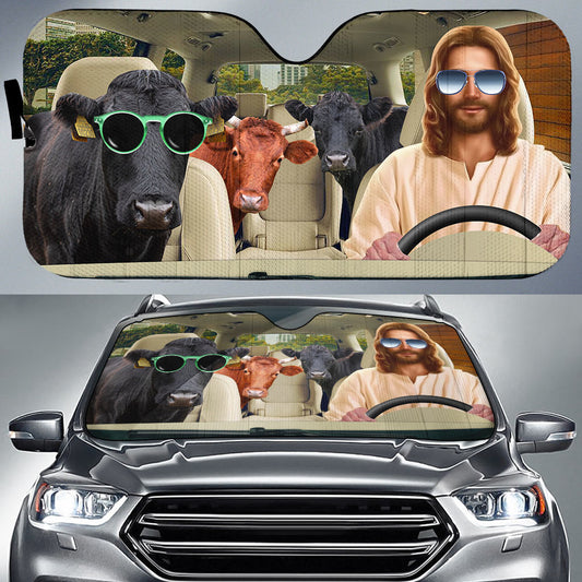 Uni Jesus Driving Dexter Cattle All Over Printed 3D Sun Shade