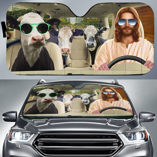 Uni Jesus Driving Black Baldy Cattle All Over Printed 3D Sun Shade