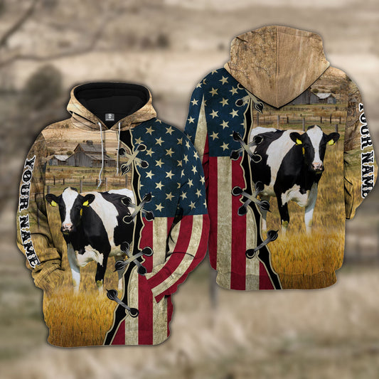 Uni Custom Name Holstein Cattle American Flag 3D Shirt
