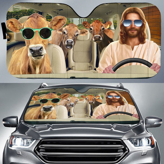 Uni Jesus Driving Jersey Cattle All Over Printed 3D Sun Shade