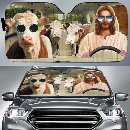 Uni Jesus Driving Hereford Cattle All Over Printed 3D Sun Shade