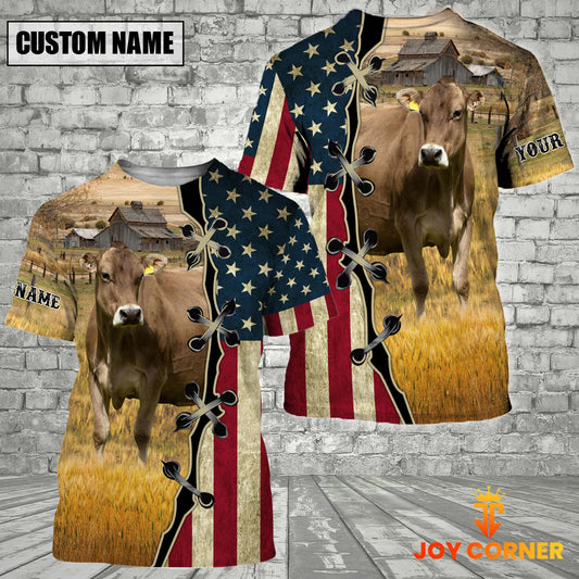 Uni Custom Name Brown Swiss Cattle American Flag 3D Shirt