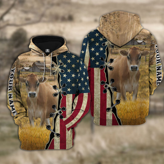 Uni Custom Name Jersey Cattle American Flag 3D Shirt