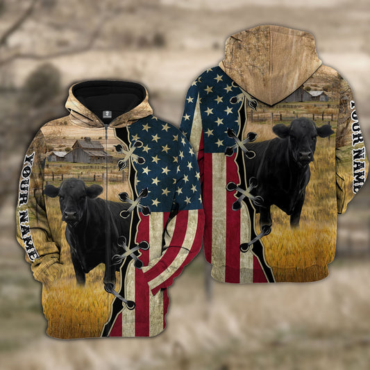 Uni Custom Name Black Angus Cattle American Flag 3D Shirt