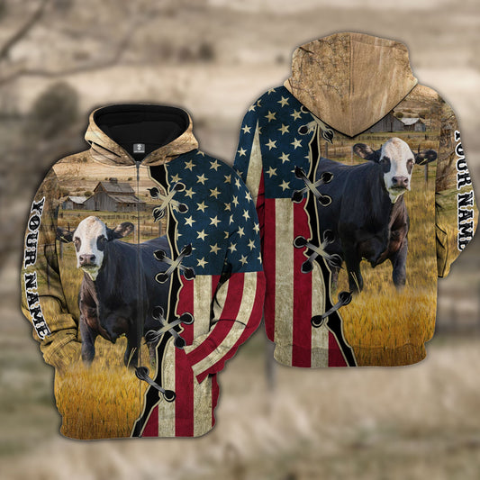 Uni Custom Name Black Baldy Cattle American Flag 3D Shirt