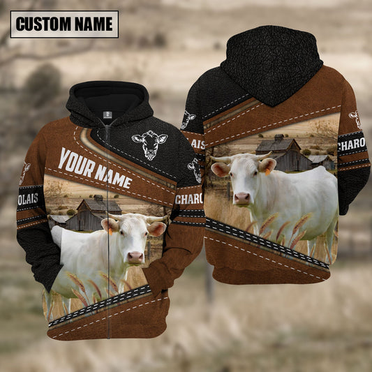 Uni Charolais Cattle Leather Pattern Farm Personalized 3D Hoodie