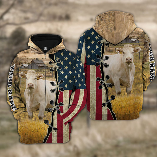 Uni Custom Name Charolais Cattle American Flag 3D Shirt