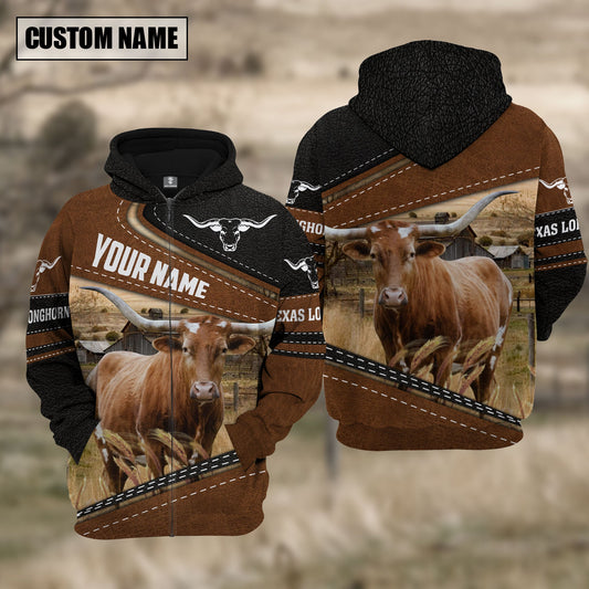 Uni Texas Longhorn Cattle Leather Pattern Farm Personalized 3D Hoodie