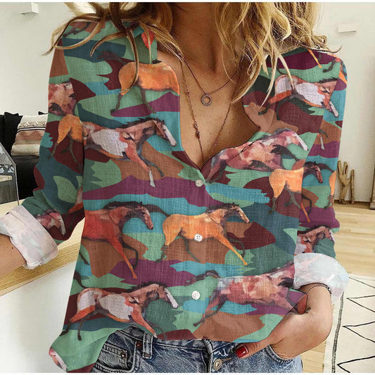 Unique Colorful Wild Horses All Over Printed 3D Casual Shirt